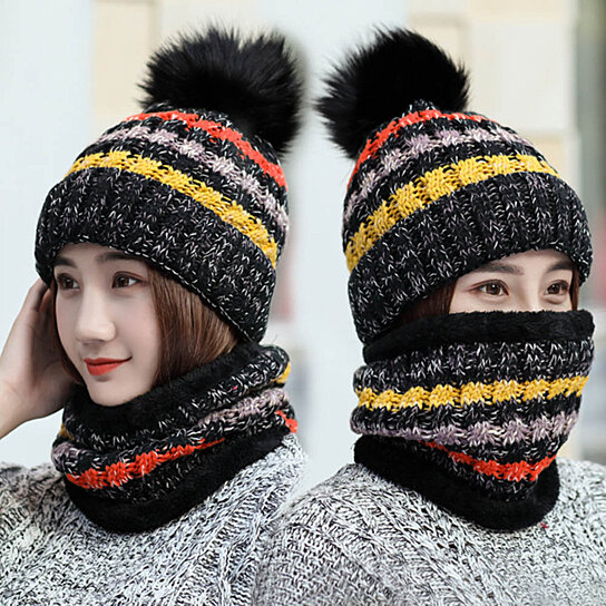 2-Pieces Winter Beanie Hat Scarf Set Warm Fuzzy Knit Hat For Women