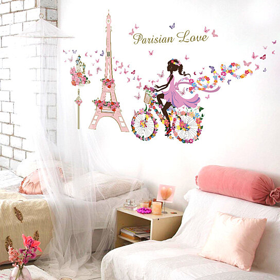 Flower Elf Eiffel Tower Pink Tone Sticker Girl Bedroom Wall Decoration