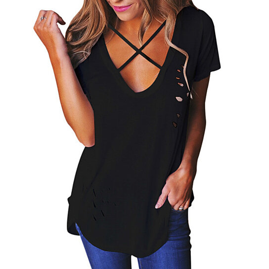 Buy Holes Cross V Neck Loose Basic Tee Tops by Sincolor on OpenSky