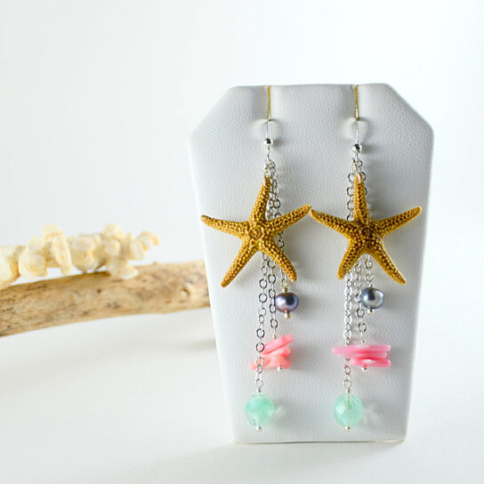 teardrop earrings-Handmade in Hawaii Beach Jewelry sea glass Silver starfish 