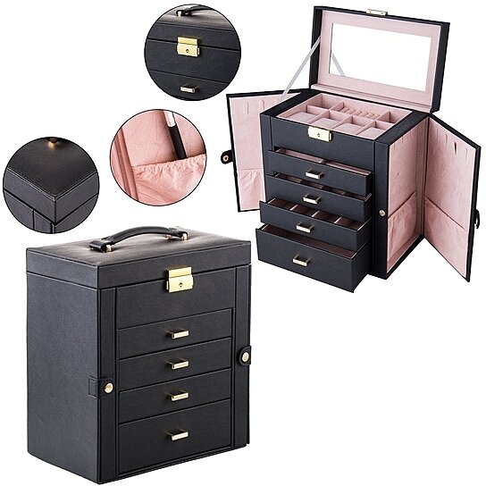 Lockable Leather Jewelry Box with Mirrored for Necklace Ring