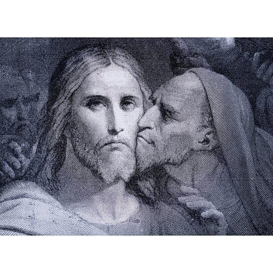 The Kiss. Judas Iscariot Kisses Jesus Christ In The Garden Of Gethsemane. From El Mundo Ilustrado, Published Barcelona, Circa 1880.