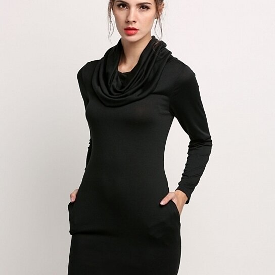 Buy Loose Polo Neck Long Sleeve Mini Bodycon Women's Dress with Side ...