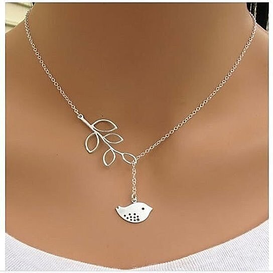Spring Has Sprung 925 Silver Plated Bird And Leaves Lariat Necklace