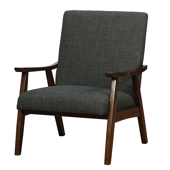 Fabric Upholstery Accent Chair With Wooden Curved Arms And Slanted Feet Dark Gray And Brown