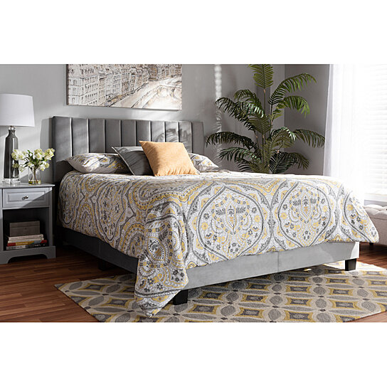 Buy Luxe Grey Velvet Fabric Upholstered Queen Size Panel Bed with