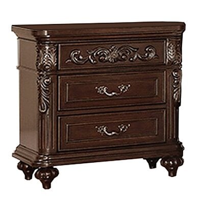 Buy Saltoro Sherpi 30 Inches 3 Drawer Engraved Wooden Nightstand Brown By Benzara Inc On Dot Bo