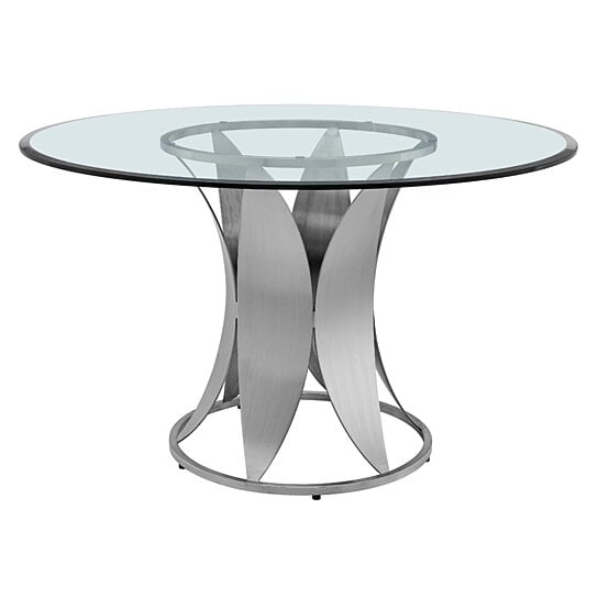 Buy Saltoro Sherpi 48 Inch Round Glass Top Dining Table With Pedestal Base Silver By Benzara Inc On Dot Bo