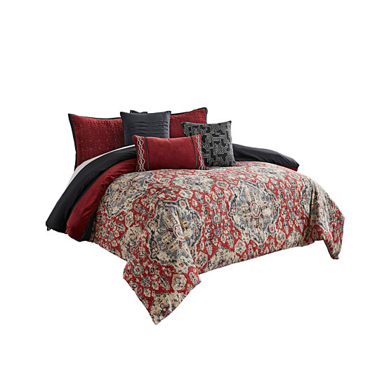 Buy Saltoro Sherpi 9 Piece Queen Size Comforter Set With Medallion Print Red And Blue By Benzara Inc On Dot Bo