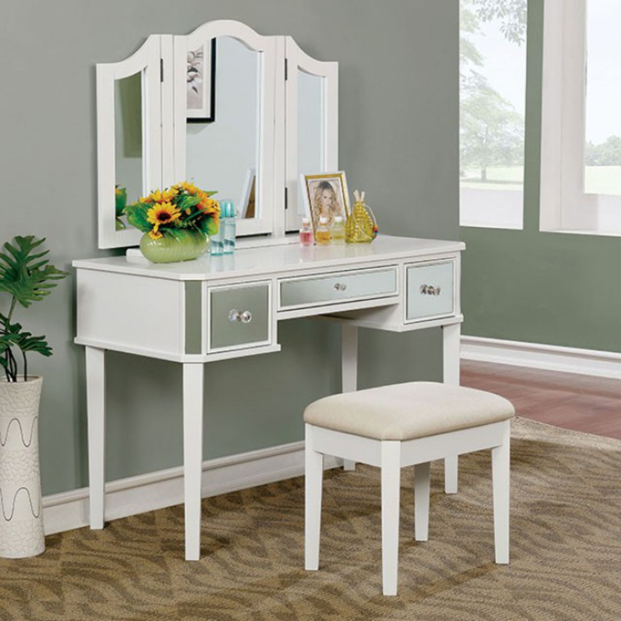 3 Drawer Vanity Desk With Mirror Panel Inserts And Stool, Set Of 3 ...