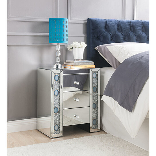 Buy Saltoro Sherpi Wood Mirror Nightstand With Agate Inserts Silver By Benzara Inc On Dot Bo