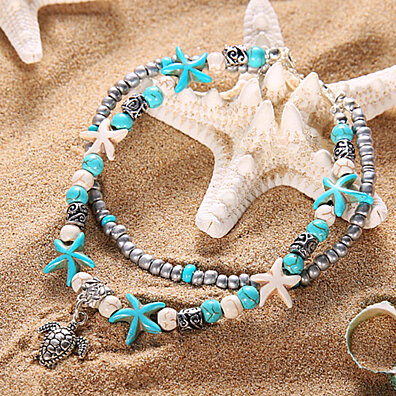 WEILYDF Turtle Anklet Women Personality Turquoise Beads Chain Dance Class Beach Gorgeous Jewelry Bracelet for Girls